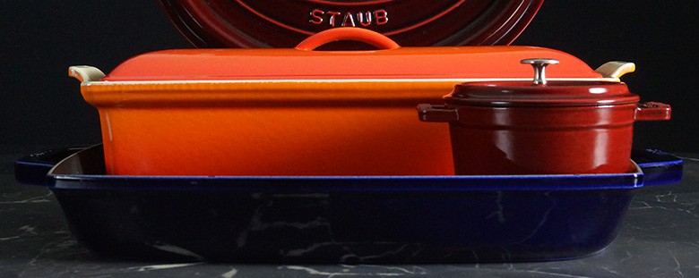 Collection of enameled cast iron from Staub and Le Creuset